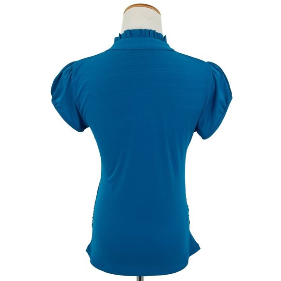 Urban Hearts Unique Teal Ruffled & Keyhole Mock Neck Short Sleeve Blouse - Picture 7 of 14